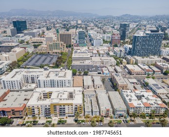 Los Angeles, CA, LA County, June 2, 2021: Aerial View of LA Koreatown with Wilshire Blvd, Vermont St, 7th St around Bullocks, historical art deco building, Southwestern Law School
