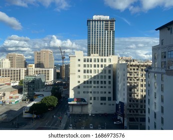 LOS ANGELES, CA, MAR 2020: Looking North East From Bunker Hill On Sunny Day, View Includes Old And New Apartment Buildings In Downtown