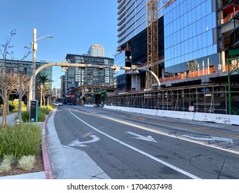 LOS ANGELES, CA, MAR 2020: Empty Streets Near Staples Center And LA Live Sports And Entertainment Venues During Coronavirus 