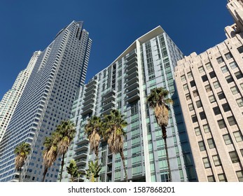 LOS ANGELES, CA, NOV 2019: Old And New Apartment Blocks Next To Office Skyscrapers In Downtown Near Pershing Square