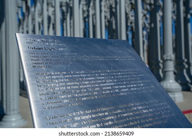 LOS ANGELES, CA - October 17, 2021: Placard from the famous public art named 'Urban Light' by Chris Burden featuring 202 streetlamps located at Wilshire Blvd.