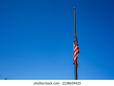 LOS ANGELES, CA - October 19, 2021: A U.S. Flag At Half-mast In Honor Of Colin Powell, Former Secretary Of State.