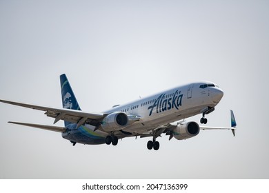 Los Angeles, CA: September 14, 2021:  An Alaska Airlines Passenger Plane Landing At Los Angeles International Airport (LAX).  Alaska Airlines Was Founded In 1932.