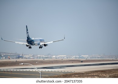 Los Angeles, CA: September 14, 2021:  An Alaska Airlines Passenger Plane Landing At Los Angeles International Airport (LAX).  Alaska Airlines Was Founded In 1932.