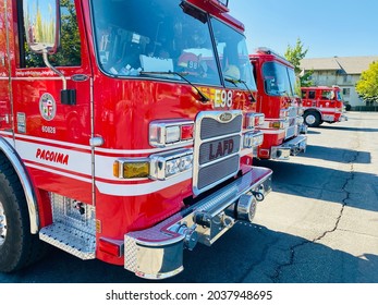 Los Angeles, CA - September 7, 2021: Closeup Of Fire Trucks On A Parking Lot, Getting Ready To Head Out And Help With Caldor Fire In Northern California. 