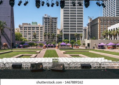 Los Angeles, CA / United States - 7.7.19: View From Sound Stage At Downtown Los Angeles Pershing Squad Before Concert With Skyscrapers In Background 