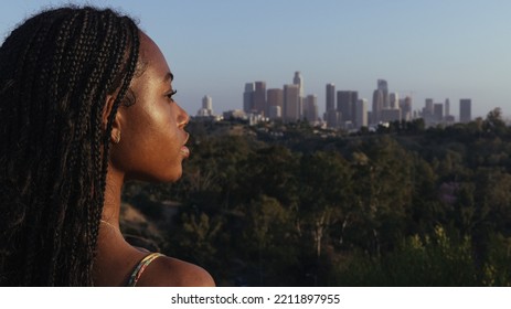 Los Angeles, CA, USA 10-05-22 Pretty Girl With Downtown LA Skyline In The Background