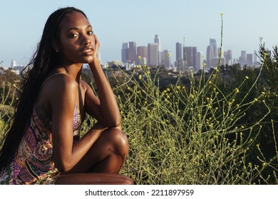 Los Angeles, CA, USA 10-05-22 Pretty Girl With Downtown LA Skyline In The Background