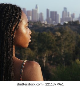 Los Angeles, CA, USA 10-05-22 Pretty Girl With Downtown LA Skyline In The Background