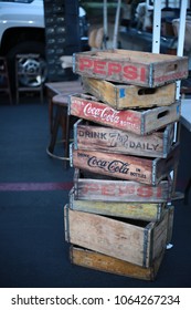 Los Angeles, CA. / USA - April 8 2018: Stacks Of Vintage Soda Crates At The Monthly Rose Bowl Flea Market In Pasadena.