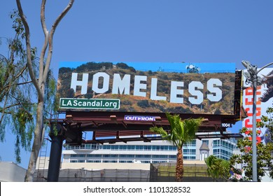 LOS ANGELES, CA, USA - APRIL 14: Poster in Hollywood style for poor homeless people in the city in California, on April 14, 2018 in Los Angeles, USA