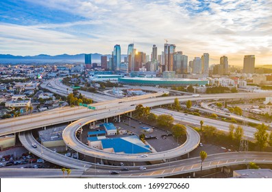 Los Angeles, CA / USA - April 4. 2020: Empty Freeway Streets With Almost No Vehicles And People Due To Coronavirus ( COVID-19 ) Virus Outbreak And Stay At Home Order And Mandatory Quarantine