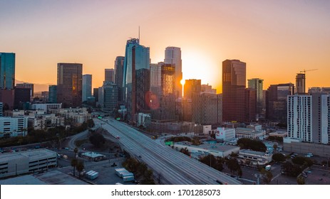 Los Angeles, CA / USA - April 4. 2020: Empty Freeway Streets With Almost No Vehicles And People Due To Coronavirus ( COVID-19 ) Virus Outbreak And Stay At Home Order And Mandatory Quarantine