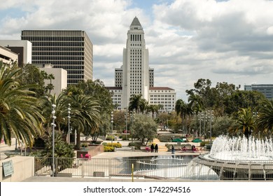 Los Angeles, CA, USA - April 3, 2019: Los Angeles City Hall Viewed From Grand Park In Downtown LA.