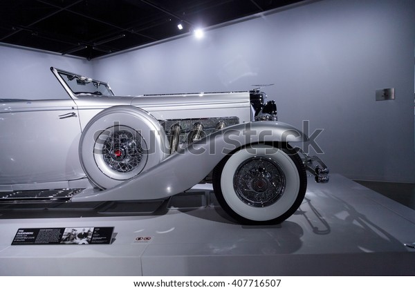 Los Angeles, CA, USA April 16, 2016: A 1936\
Duesenberg Model SJN Convertible Coupe by Rollston. Part of the\
Nethercutt Collection, Helen and Jack Nethercutt at the Petersen\
Automotive Museum