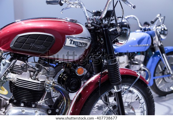 Los Angeles, CA, USA April 16, 2016:\
1970 Triumph Bonneville T120RT motorcycle from the collection of\
Richard Varner at the Petersen Automotive Museum\
