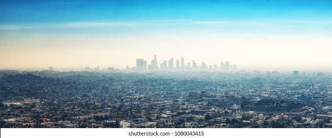 Los Angeles, CA, USA - February 02, 2018: Downtown skyscraper buildings and suburbs of Los Angeles from Griffith Park California