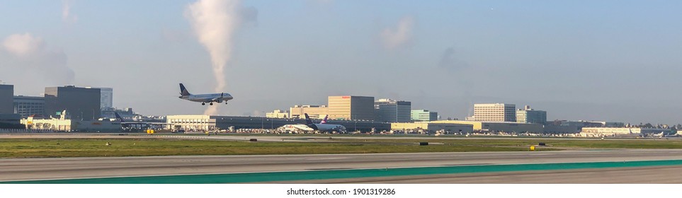 Los Angeles, CA USA - February 17, 2020: Stock footage of airplanes at LAX International Airport in Los Angeles, CA
