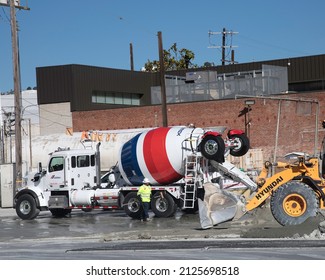 Los Angeles, CA, USA - February 18, 2022: A cement truck at the CEMEX Hollywood Concrete Plant in Los Angeles, CA.