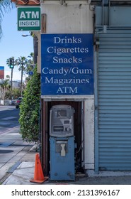 Los Angeles, CA, USA - February 28, 2022: Close Up Of A Dirty ATM Machine On Sunset Boulevard, West Hollywood, CA.