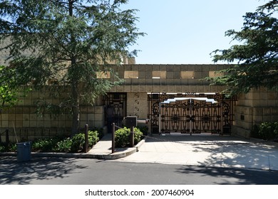 Los Angeles, CA USA - Gated Entrance To The Ennnis House Designed By Architect Frank Lloyd Wright Is A California Historical Landmark