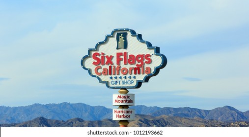 LOS ANGELES, CA, USA - JAN 15, 2018:  Six Flags Amusement Park  Company Logo Sign  