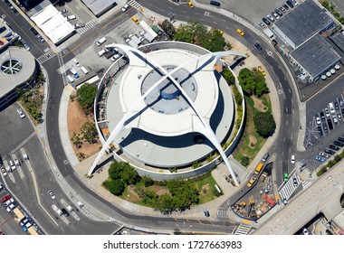 Los Angeles, CA / USA - July 14 2015: Theme Building at LAX Airport. Iconic space age structure with Populuxe influence, the Googie architecture style. Listed as LA Historic-Cultural Monument.
