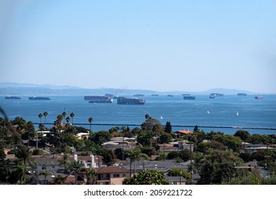 Los Angeles, CA USA - July 16, 2021: Dozens of container ships waiting at sea to unload at the  Port of Los Angeles