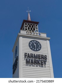 Los Angeles, CA, USA – July7, 2022: Isolated Shot Of The World Famous Farmers Market Clock Tower At The Grove Mall In Los Angeles, CA.