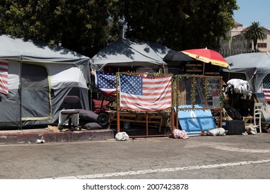 Los Angeles, CA USA - Julyl 3, 2021: Homeless Vets Living In Tents Outside The Veterans Administration 