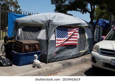 Los Angeles, CA USA - Julyl 3, 2021: Tent Of A Homeless Veteran Living Outside The Veterans Administration Hospital And Grounds