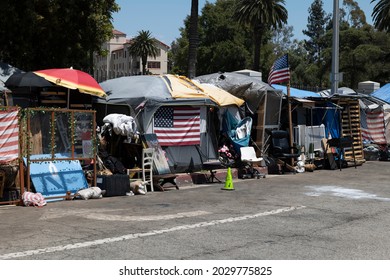 Los Angeles, CA USA - Julyl 3, 2021: Homeless vets living in tents outside the Veterans Administration in a stretch called Veterans Row
