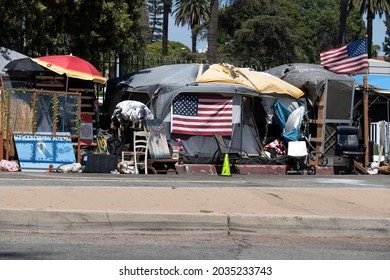 Los Angeles, CA USA - Julyl 3, 2021: Row of tents for homeless veterans surrounding the permieter of the Veterans Administration grounds