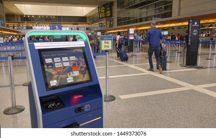 Los Angeles, CA / USA - June 12, 2019: Self service check-in kiosk at Los Angeles International Airport (LAX)                               