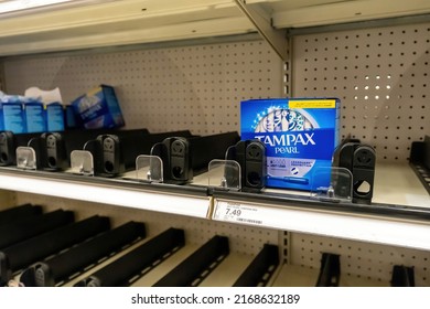 Los Angeles, CA, USA June 16th 2022 Box Of Tampax Brand Women Tampons In An Empty Supermarket Shelf