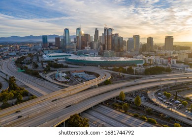 Los Angeles, CA / USA - March 23 2020: Aerial View Of Empty Freeway Streets With No People In Downtown Los Angeles California USA Due To Coronavirus Pandemic Or COVID-19 Virus Outbreak And Quarantine