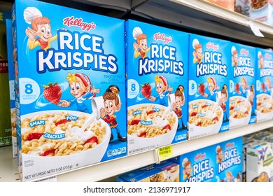 Los Angeles, CA, USA March 12th 2022 Packages Of Kellogg's Brand Frosted Krispies Rice Cereal For Sale In A Supermarket Aisle