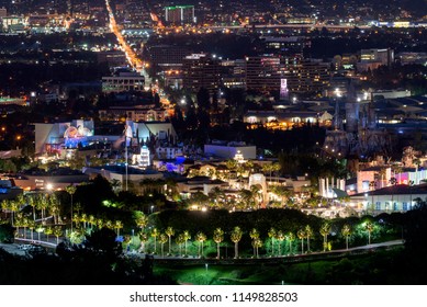 Los Angeles, CA, USA - May 26th, 2018: Night View To Universal Studios. Universal Studios Hollywood Is A Film Studio And Theme Park In The San Fernando Valley Area Of Los Angeles County, California. 