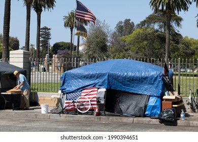 Los Angeles, CA USA - May 30, 2021: Homemess veterans and tents outside the Veteran's Administration in Los Angeles