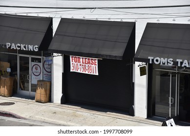 Los Angeles, CA USA - May 13, 2021: Retail Stores For Lease In Downtown LA.  Many Stores Are Empty Downtown That Did Not Reopen After Lockdowns High Angel View