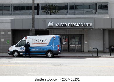 Los Angeles, CA USA - May 1, 2021: An Ambulance In Front Of Kaiser Hospital In Los Angeles