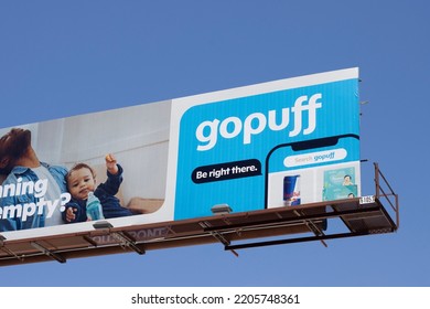 Los Angeles, CA, USA - May 12, 2022: Gopuff Billboard Is Seen In Downtown Los Angeles, California. Gopuff Is An American Consumer Goods And Food Delivery Company Headquartered In Philadelphia.