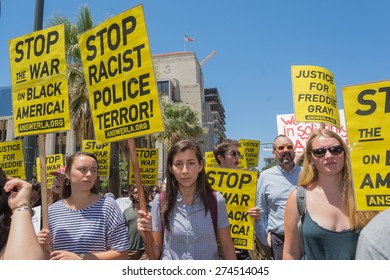 Los Angeles, CA, USA - May 02, 2015: Group Of People Holding Signs During March Against The Death Of Freddie Gray, A Man Of Baltimore Who Was Seriously Injured In Police Custody.