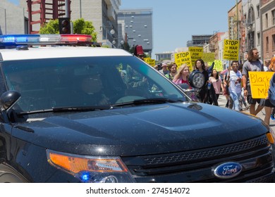 Los Angeles, CA, USA - May 02, 2015: Police Watching Protestants During March Against The Death Of Freddie Gray, A Man Of Baltimore Who Was Seriously Injured In Police Custody.