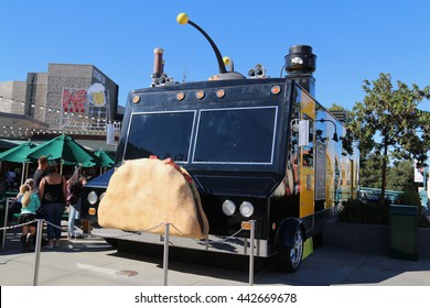 Los Angeles, CA, USA - November 22, 2016: Bumblebee Man's Taco Truck, Located Near The Simpson's Ride At Universal Studios Hollywood, Offers Mexican Food Inspired By The Taco Trucks Around LA Area. 