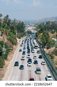 Los Angeles, CA USA - October 25, 2022: Downtown Los Angeles Traffic Top View From A Bridge 