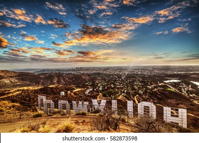 Los Angeles, CA, USA - October 28, 2016: Colorful Sky Over Hollywood Sign 