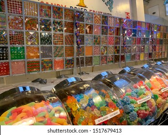 Los Angeles, CA / USA - September 20, 2019: Candy Jars Full Of Sweets At La Huerta Candy And Snacks At Grand Central Market In Los Angeles, CA