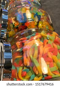 Los Angeles, CA / USA - September 20, 2019: Candy Jars Full Of Sweets At La Huerta Candy And Snacks At Grand Central Market In Los Angeles, CA