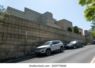 Los Angeles, CA USA - Supporting Wall Surrounding The Ennnis House Designed By Architect Frank Lloyd Wright Is A California Historical Landmark